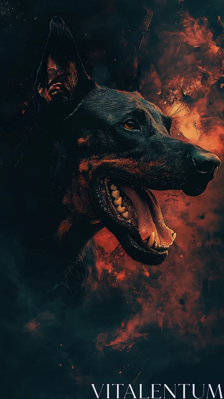 Infernal canine portrait in ember-lit chiaroscuro style.