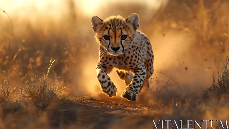Backlit cheetah cub sprinting through dust with shallow depth of field
