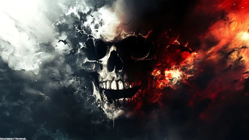 Burning skull divides stormy light and consuming fire