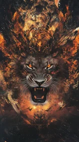 Fiery roaring tiger forged from swirling cosmic flames.