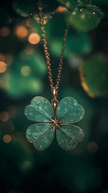 Four-leaf clover pendant glows softly against bokeh background.