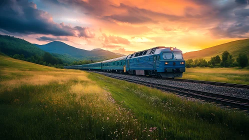 Sunset train gliding through peaceful green mountain valley.