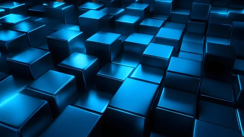 Shiny blue 3D cubes forming a reflective geometric grid.