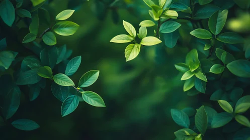 Sunlit green leaves circle frame over deep forest blur.
