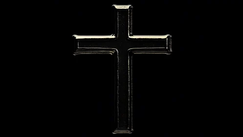 Metallic Christian cross isolated on uniform black background.