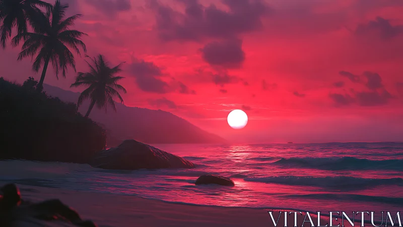 Dreamy pink tropical sunset over gentle ocean waves.