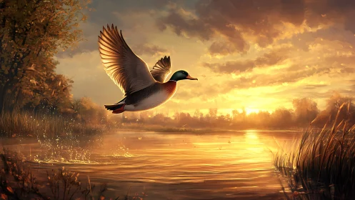 Male duck in flight over reflective lake at sunset.