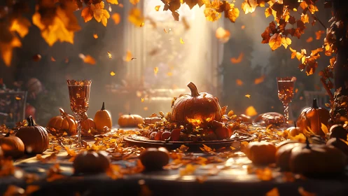 Autumn harvest table with pumpkins under warm golden light.