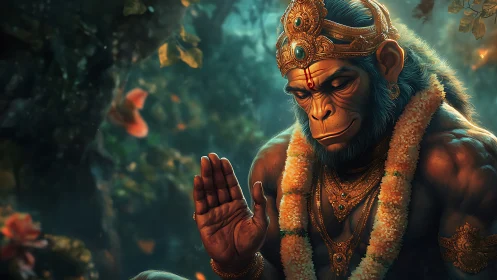 Divine monkey warrior offers serene blessing in lush jungle