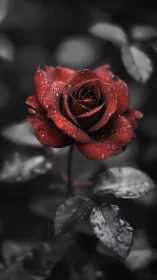 Red Rose with Dewdrops Against Desaturated Foliage