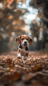 Beagle puppy sprints through autumn leaves in soft bokeh glow.