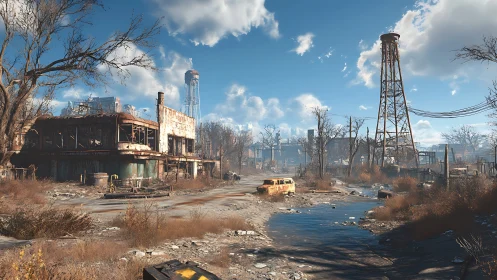 Postwar industrial wasteland under harsh midday light.