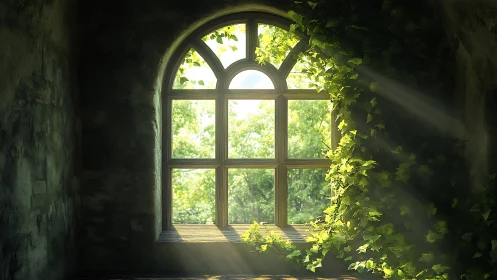 Sunlit ivy climbs old arched window in quiet stone room