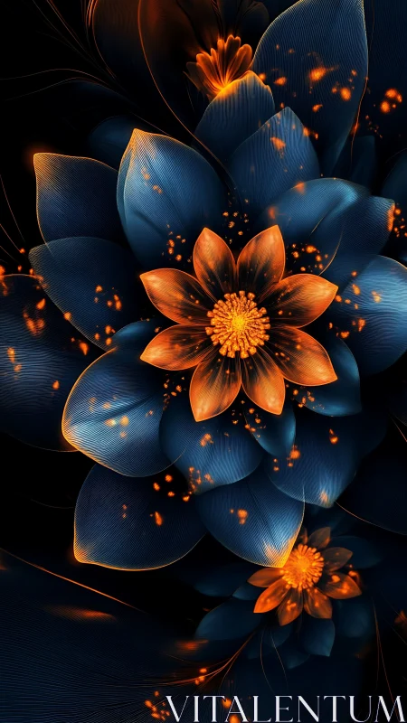 Digital floral composition with blue petals and orange glow.