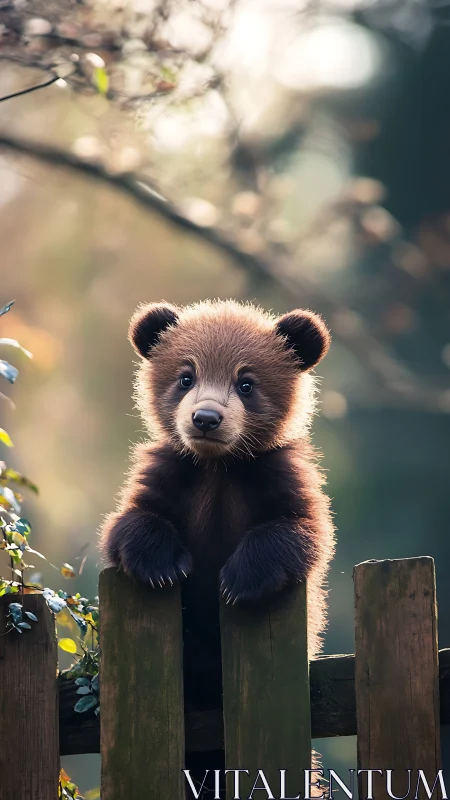 Curious brown bear cub standing upright behind wooden fence.