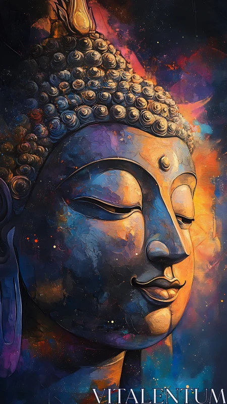 Buddha profile rendered with layered brushwork and color fields
