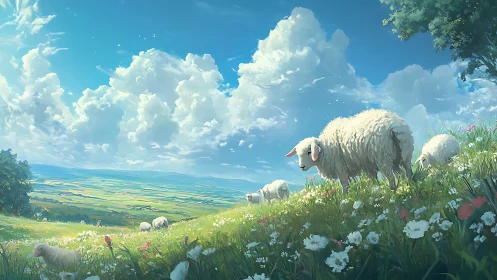 Sheep grazing on windlit floral hillside under cumulus sky.