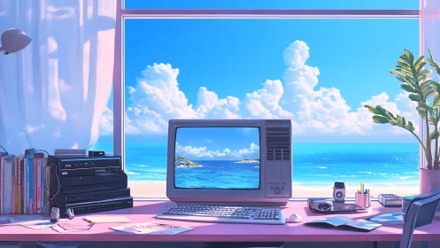 Retro desktop workstation facing bright coastal seascape view.