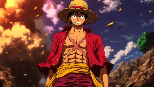 Straw-hatted anime hero amid explosive sunset sky.