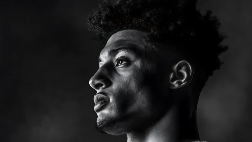 Monochrome low-key portrait in dramatic side lighting.