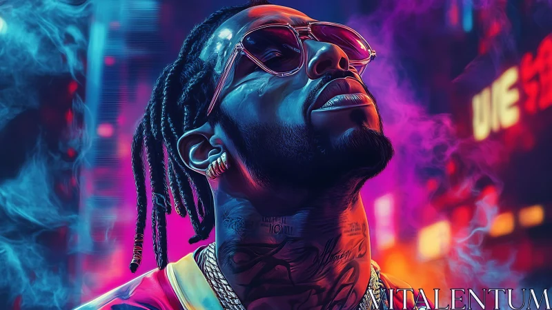 Neon lit portrait of tattooed man in sunglasses at night.