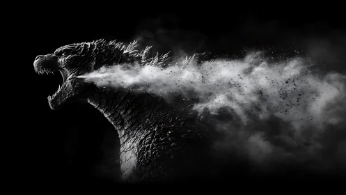 Monochrome reptilian kaiju profile exhaling particulate blast