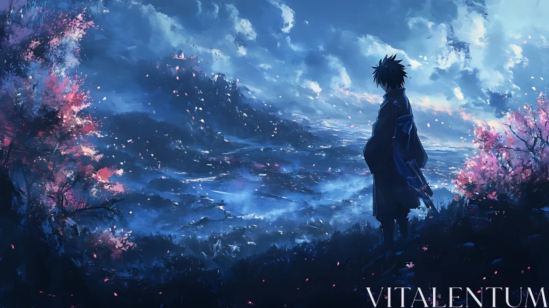 Lone wanderer beneath stormy skies and glowing blossoms.