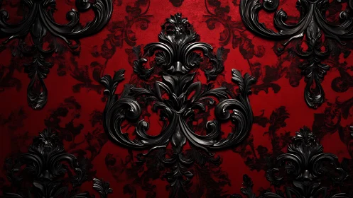 Baroque noir scrollwork blooming on crimson velvet walls.