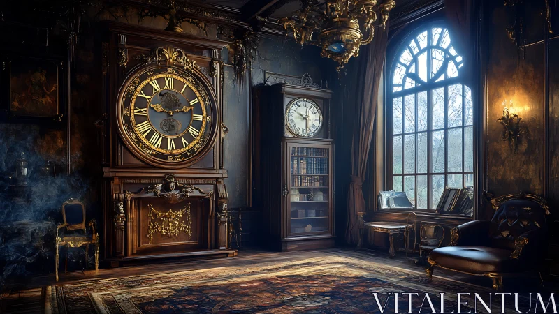 Grand antique clock room glows with golden evening light