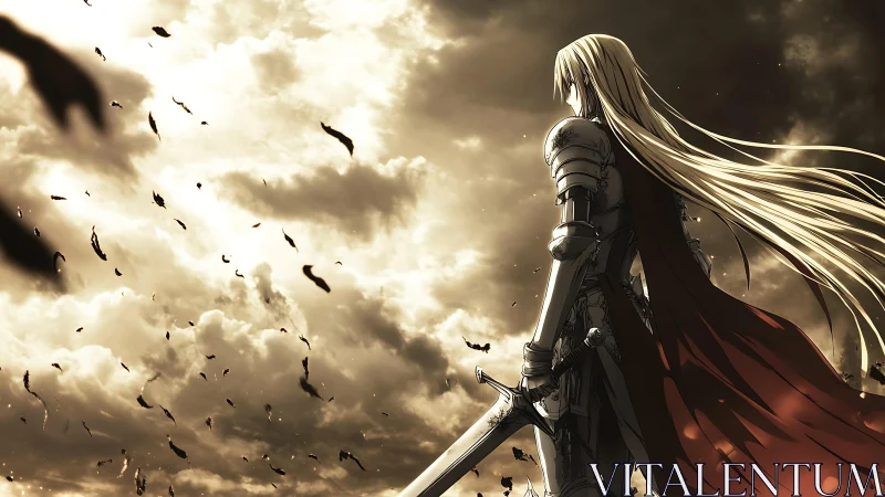 Armored blonde swordsman in red cloak under stormy sky