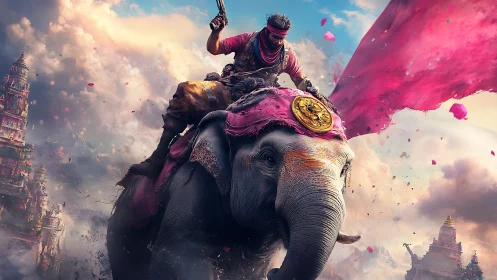 Bold rider on a royal elephant in a whirlwind of color.