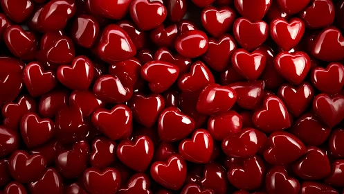 Glossy Red Hearts Packed Densely Together.