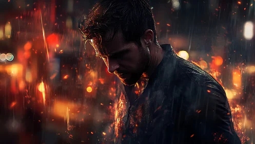Brooding man in rain with glowing ember city lights.
