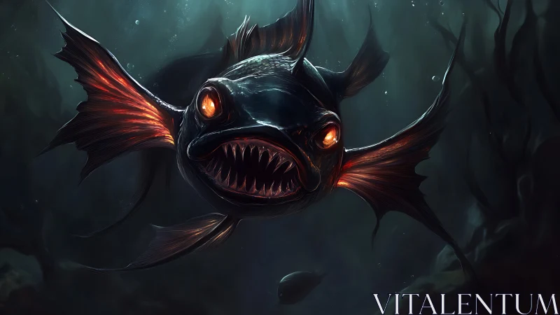 Bioluminescent deep-sea predator rendered in dramatic digital chiaroscuro