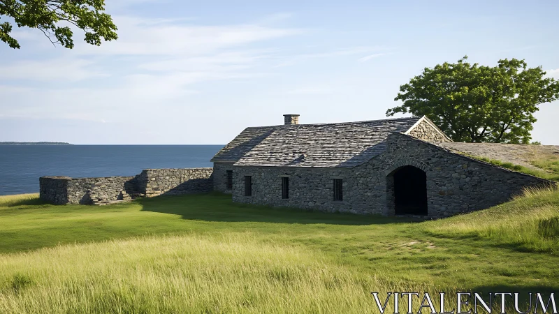 Stone cottage leans into the sea breeze on a quiet green hill