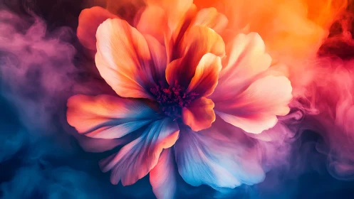 Vibrant macro flower blooms through swirling neon mist