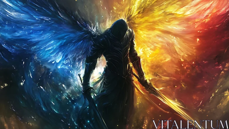 Hooded angelic warrior with blue and gold fiery wings.