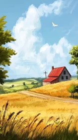 Red-roof farmhouse dreaming above windswept golden fields.
