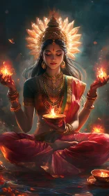 Divine goddess portrait renders ritual fire in radiant symmetry