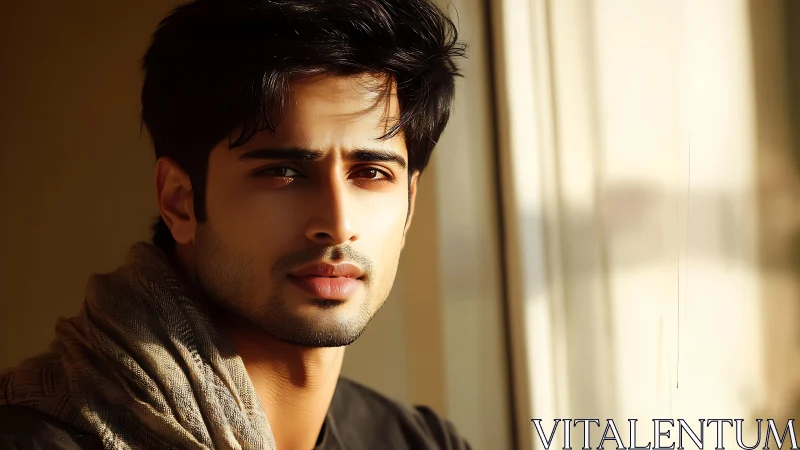 Warm sunlight softens a young man&rsquo;s thoughtful window gaze