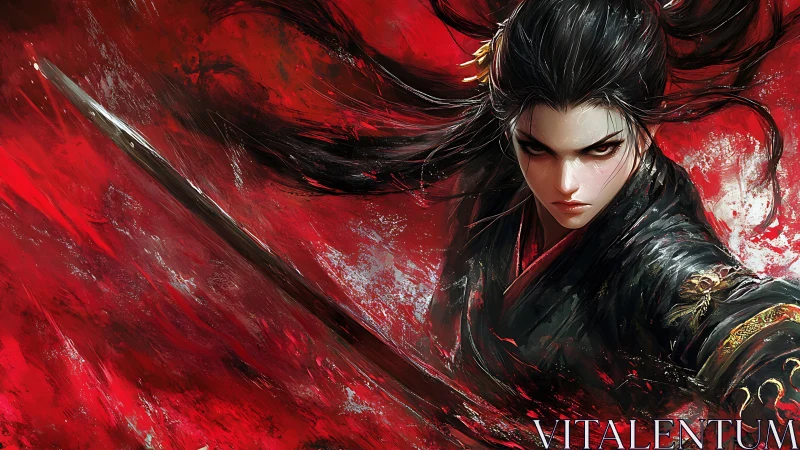 Blade dancer storms crimson battlefield with fierce focus.