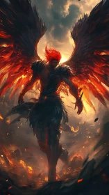 Flaming fallen angel strides through a storm of embers and ash