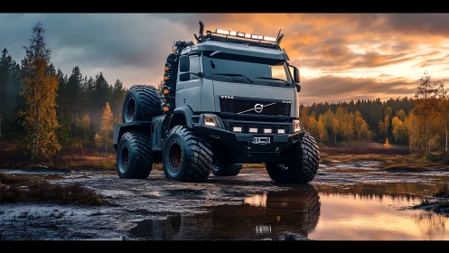 Sunset off road truck pausing in a glowing autumn marsh.
