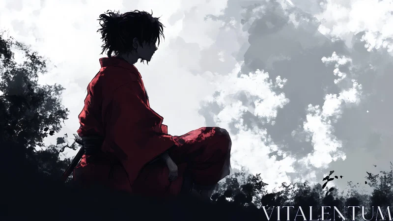 Solitary samurai silhouette in red kimono against turbulent sky
