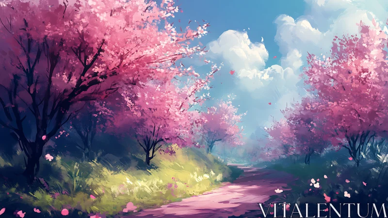 Cherry tree path under blue sky with distant cumulus clouds.