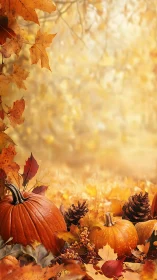 Autumn still life arranges pumpkins, leaves and cones in warm bokeh