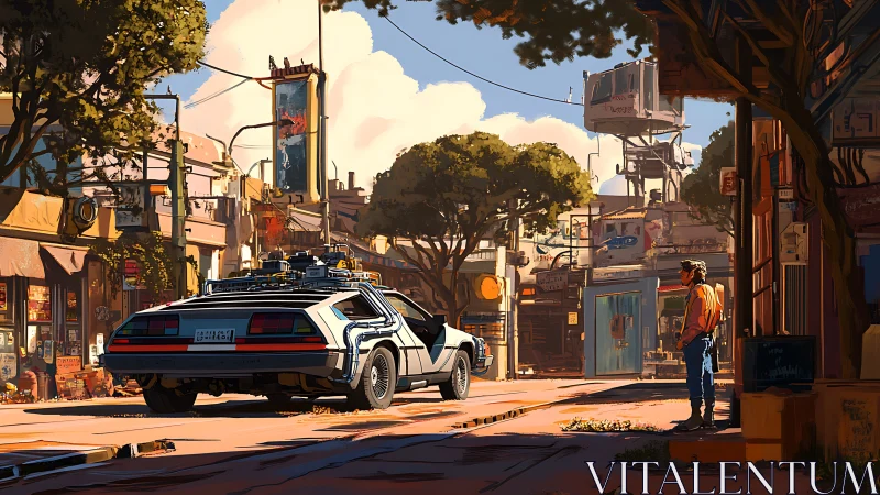 Retro time-travel DeLorean in sunlit futuristic backstreet