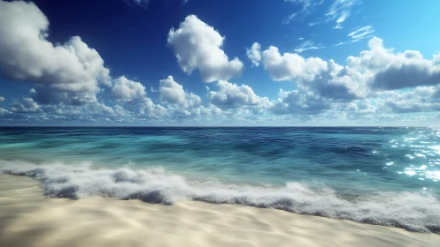 Sunny tropical shoreline with waves and bright clouds.