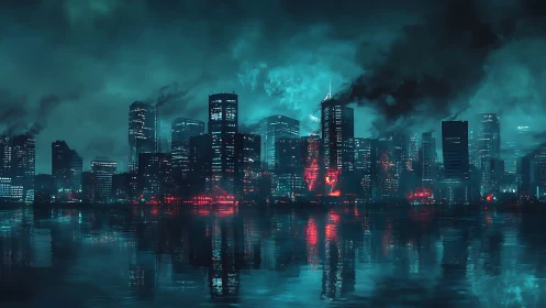 Nocturnal megacity skyline emits cyan haze and red thermal flares
