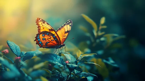 Sunlit amber butterfly pausing on dew-blue garden leaves.